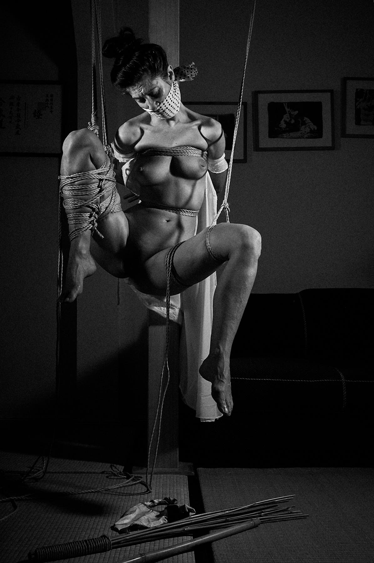 Beautiful woman tied up in traditional Japanese Bondage
