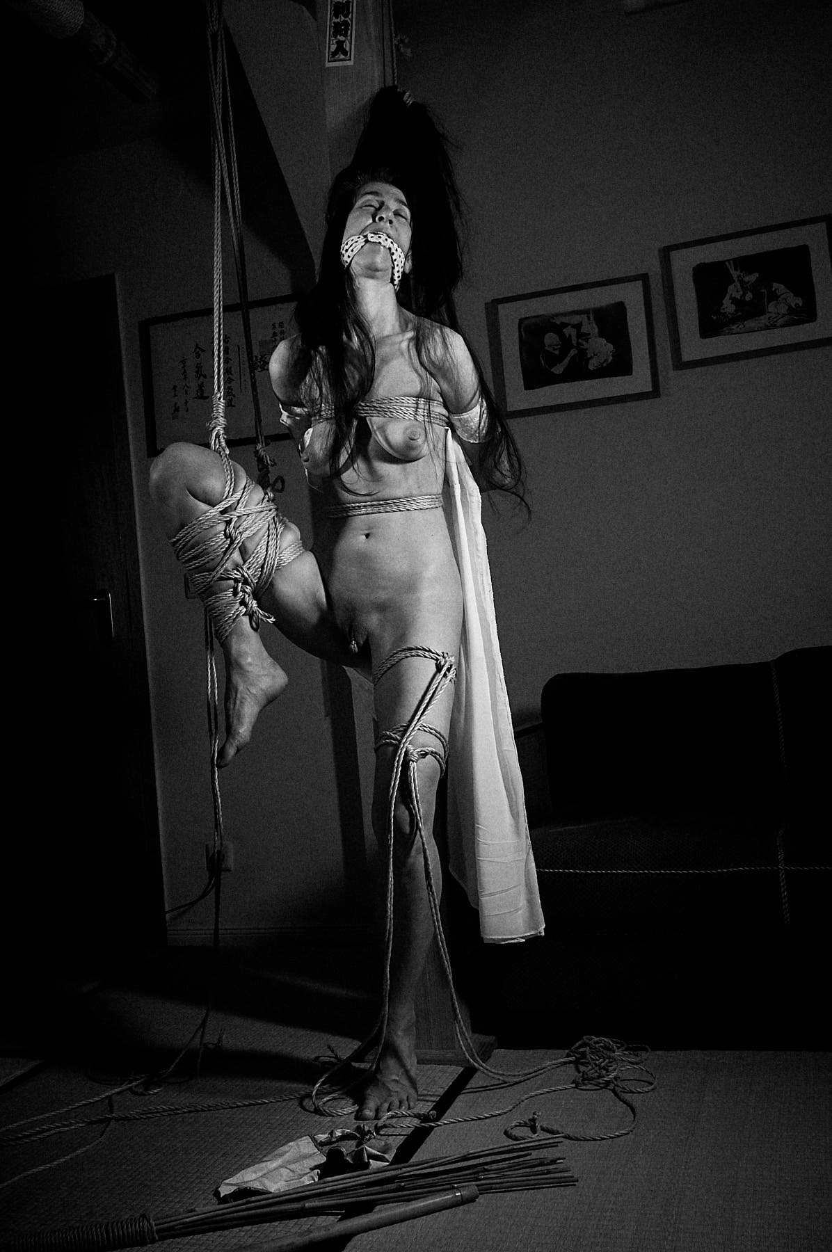 Beautiful woman tied up in traditional Japanese Bondage